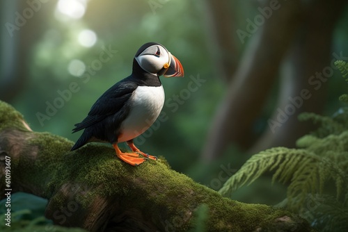 puffin on a tree in the forest. Puffin seabird (fratercula arctica). generative ai,