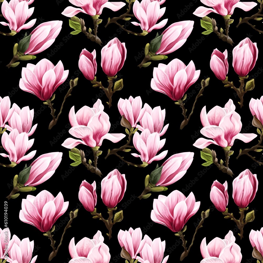 pink Flower tulip Magnolia seamless Pattern with black background. colourful Floral endless Texture, cute botanical design for textile or print pink Flower tulip Magnolia seamless Pattern with black background. colourful Floral endless Texture, cute botanical design for textile or print