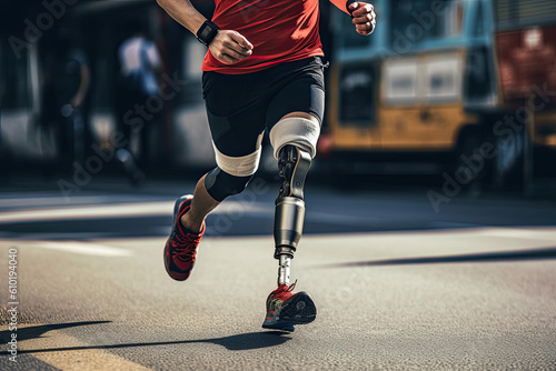 man with leg prosthesis running in marathon. Generative AI