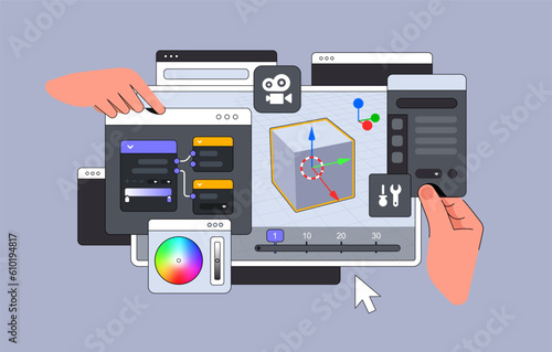 3d Editor Program interface with hands. Big Dashboard for moduling. Vector illustration 