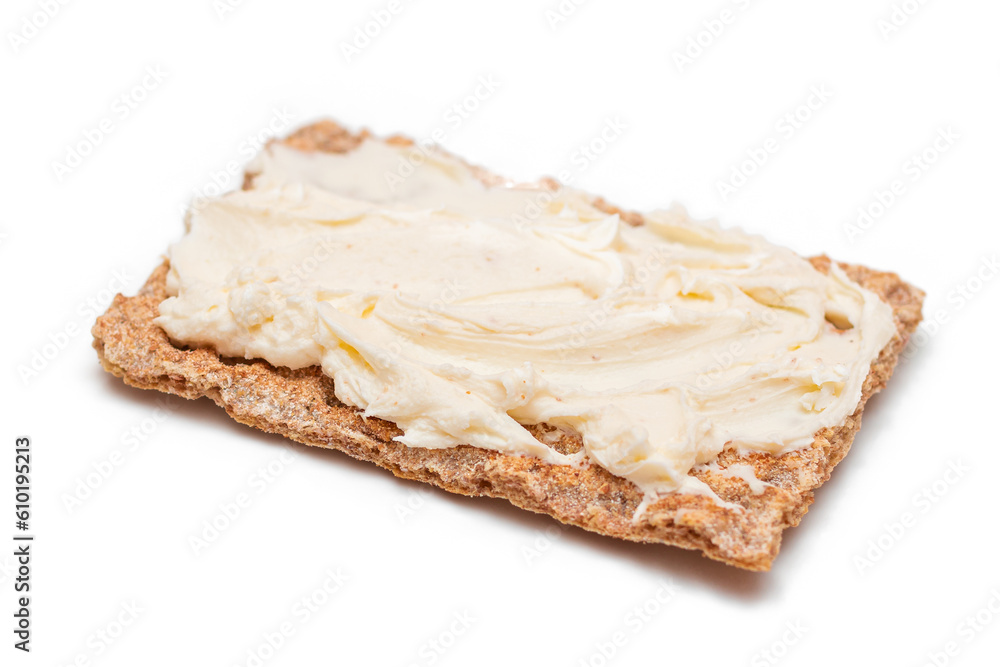 Whole Grain Crispbread with Cream Cheese - Isolated on White. Quick and Healthy Sandwiches. Healthy Dietary Snack - Isolation Whole Grain Crispbread with Cream Cheese - Isolated on White. Quick and Healthy Sandwiches. Healthy Dietary Snack - Isolation