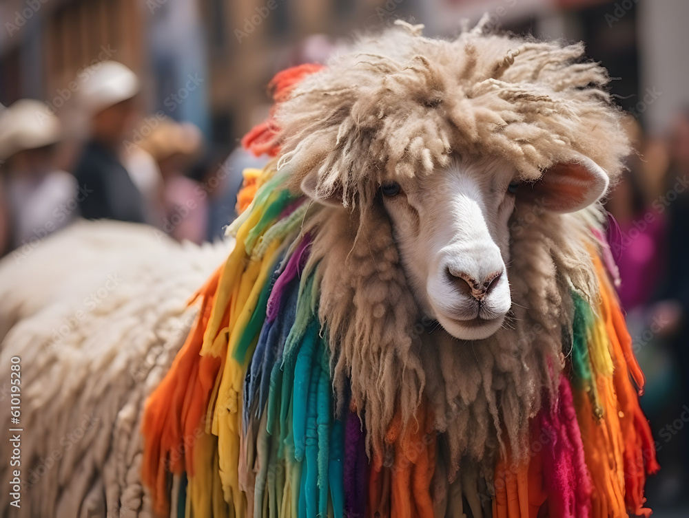 Fashion sheep in pride parade. Concept of LGBTQ pride. AI generated