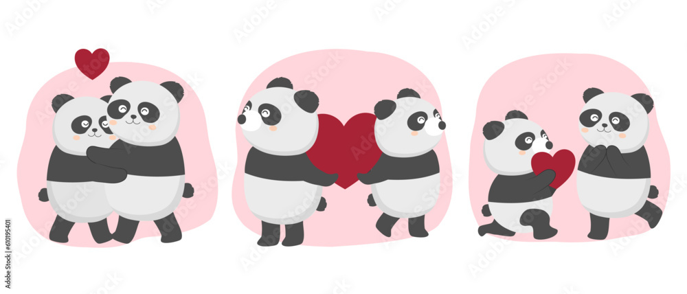 Valentine’s Day vector illustration. Three cute Panda couple on pink background with many hearts Valentine’s Day vector illustration. Three cute Panda couple on pink background with many hearts