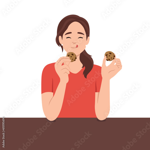Young woman having breakfast eating cookies, people activity, daily routine. Flat vector illustration isolated on white background