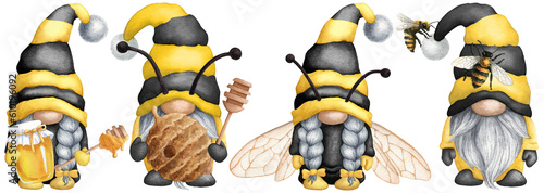 Obraz na plátne Set of watercolor bee gnomes with honey, spoon, wings, antlers