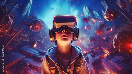 Portrait of a Little boy wearing virtual reality goggles.Generative Ai
