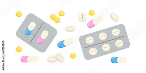 Colored icons are medicine for medicine. Illustration of tablets and vitamin chemicals