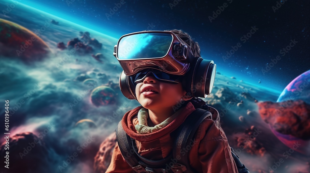 Portrait of a Little boy wearing virtual reality goggles.Generative Ai Portrait of a Little boy wearing virtual reality goggles.Generative Ai