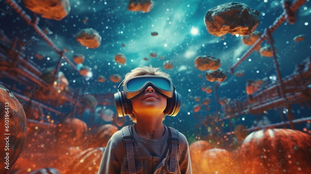 Portrait of a Little boy wearing virtual reality goggles.Generative Ai Portrait of a Little boy wearing virtual reality goggles.Generative Ai