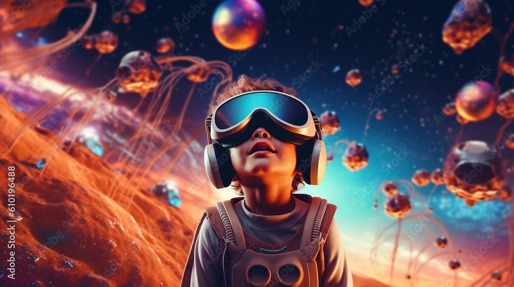 Portrait of a Little boy wearing virtual reality goggles.Generative Ai Portrait of a Little boy wearing virtual reality goggles.Generative Ai
