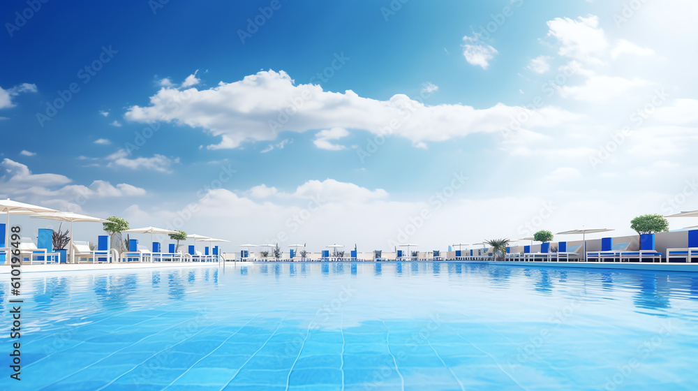 summer swimming pool with lounge chair under blue sky ai generative