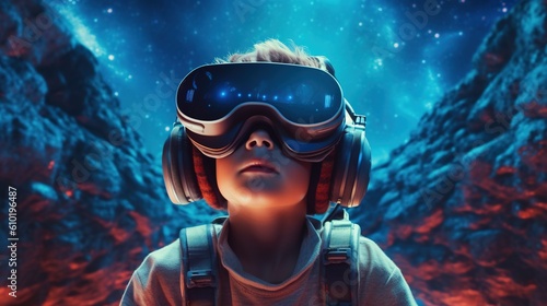 Portrait of a Little boy wearing virtual reality goggles.Generative Ai