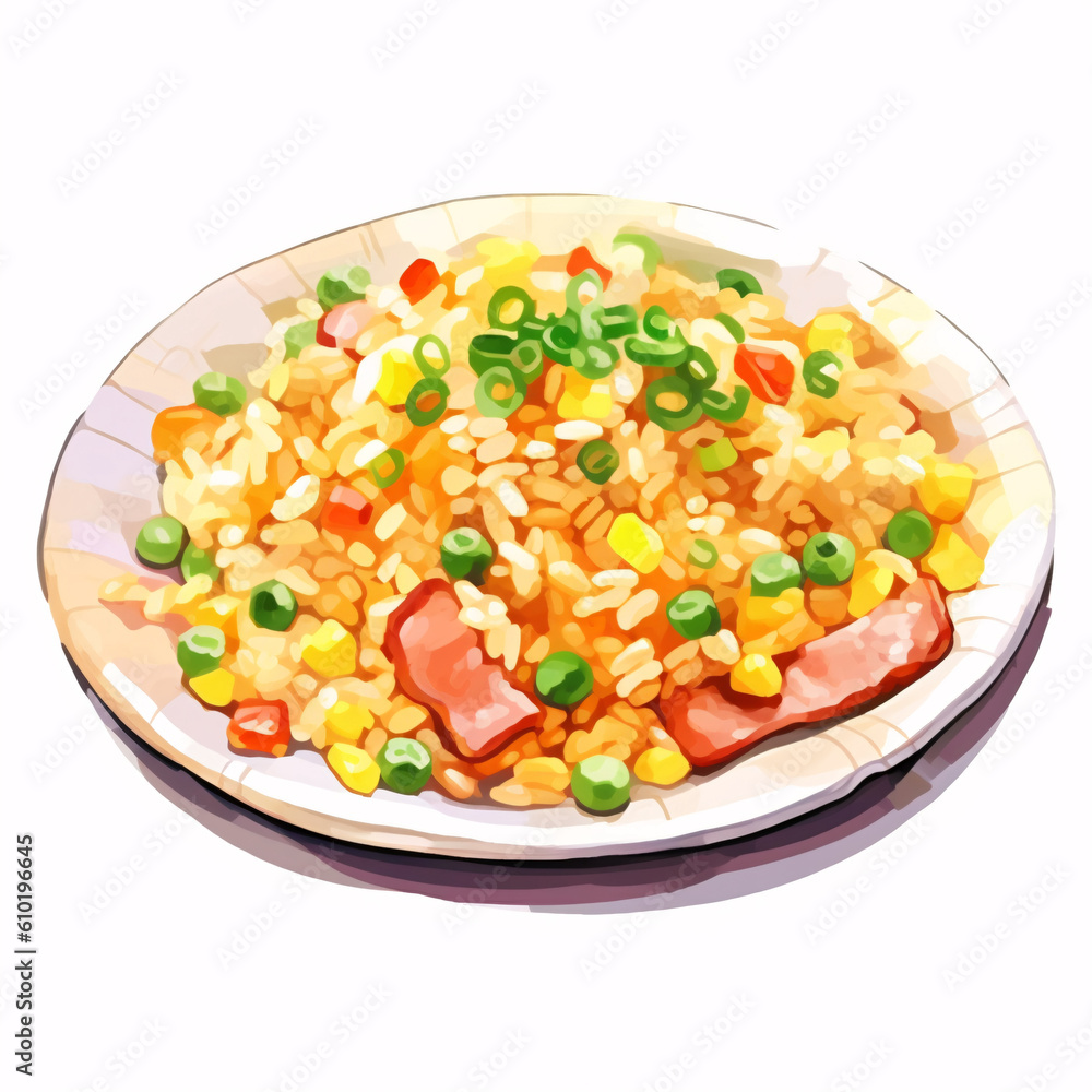Egg fried rice on white background, watercolor illustration in hand drawn style Egg fried rice on white background, watercolor illustration in hand drawn style