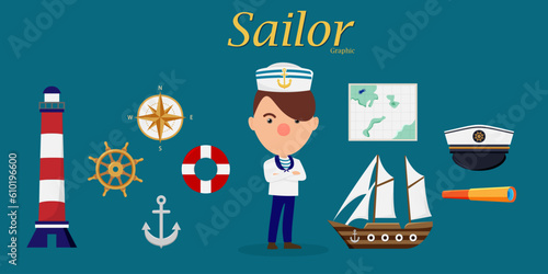 Sailor dress up constructor set you can choose costume sailor, man, light, house, rudder, anchor, compass, lifebuoy, map, ship, hat