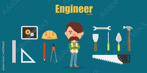 Engineer dress up constructor set you can choose costume man, ruler, hat, helmet, uniform, wrench, screwdriver, saw, hammer, trowel, pencil, roundabout