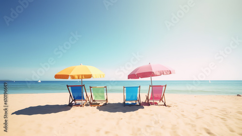 photo beach with colorful lounge and umbrella ai generative