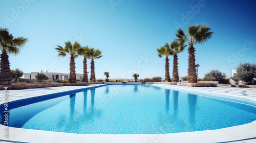 photo summer swimming pool with palm tree and blue sky ai generative © X11