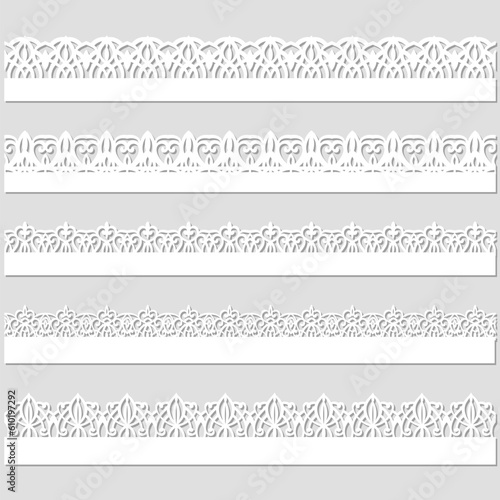 Lace pattern elements. Vintage seamless figured lace borders, beautiful wedding lace decoration. Black lace borders vector illustration set. Seamless black gorgeous stripe, delicate simple pattern