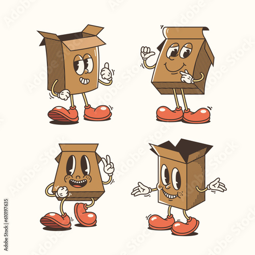 Set of Traditional Cartoon cardboard boxes Illustration with Varied Poses and Expressions