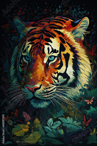 Tiger Head in the Woods : Tiger Head in the Forest : Tiger Head in the Night : Painting of a Tiger Head : Tiger Head Illustration, Generative AI