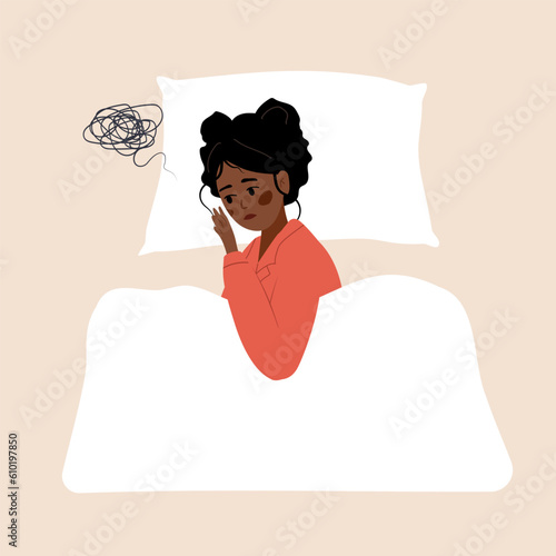 Sleep disorder. Tired african woman suffer from insomnia. Sleepless girl lying in bed and thinking about problems. Vector illustration in flat cartoon style. Pregnancy or menopause.