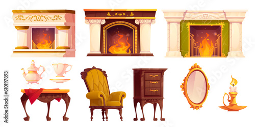 Victorian old house living room interior with fireplace furniture cartoon vector set. Antique royal english style lounge home indoor illustration with wooden table, golden mirror, armchair and drawers
