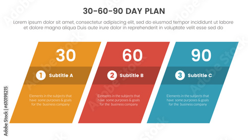 30-60-90 day plan management infographic 3 point stage template with rectangle skew or skewed concept for slide presentation vector