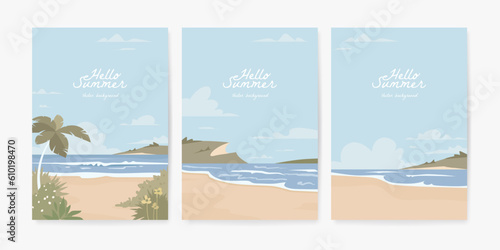 Set of beautiful banner, poster or greeting card design template with sandy summer beach. Set of nature landscape background. Vector illustration © AM_art