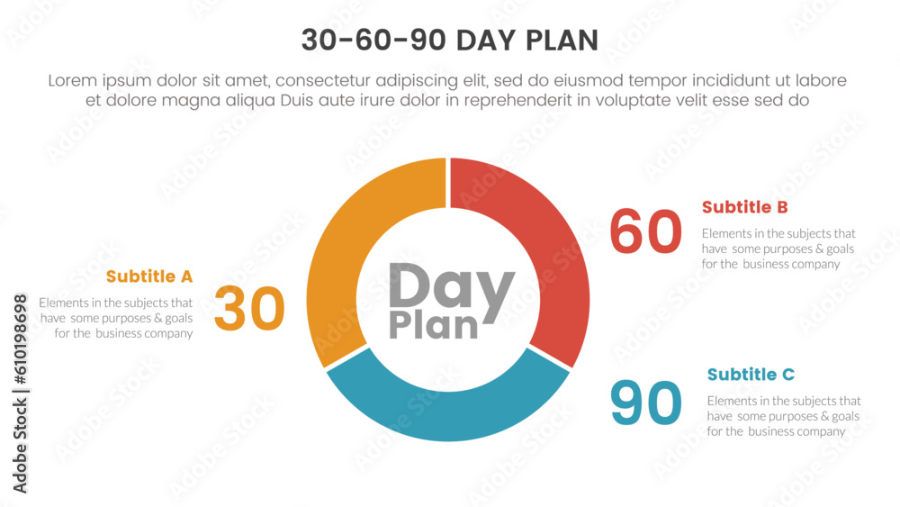 30-60-90 day plan management infographic 3 point stage template with circle pie chart diagram cutted outline concept for slide presentation vector