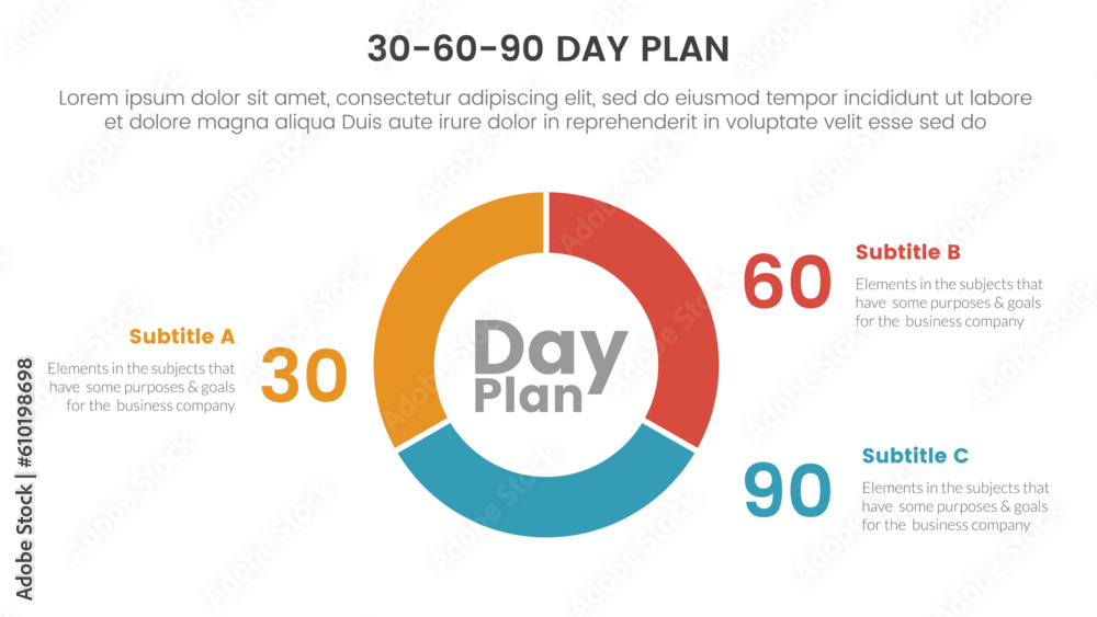 30-60-90 day plan management infographic 3 point stage template with circle pie chart diagram cutted outline concept for slide presentation vector 30-60-90 day plan management infographic 3 point stage template with circle pie chart diagram cutted outline concept for slide presentation vector