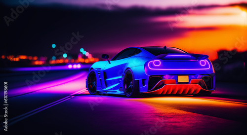 modern sporty vehicle bolid, futuristic Sports futuristic car on a neon background in the style of cyberpunk. night scene. blue and violet neon illuminated highway. Generative ai.