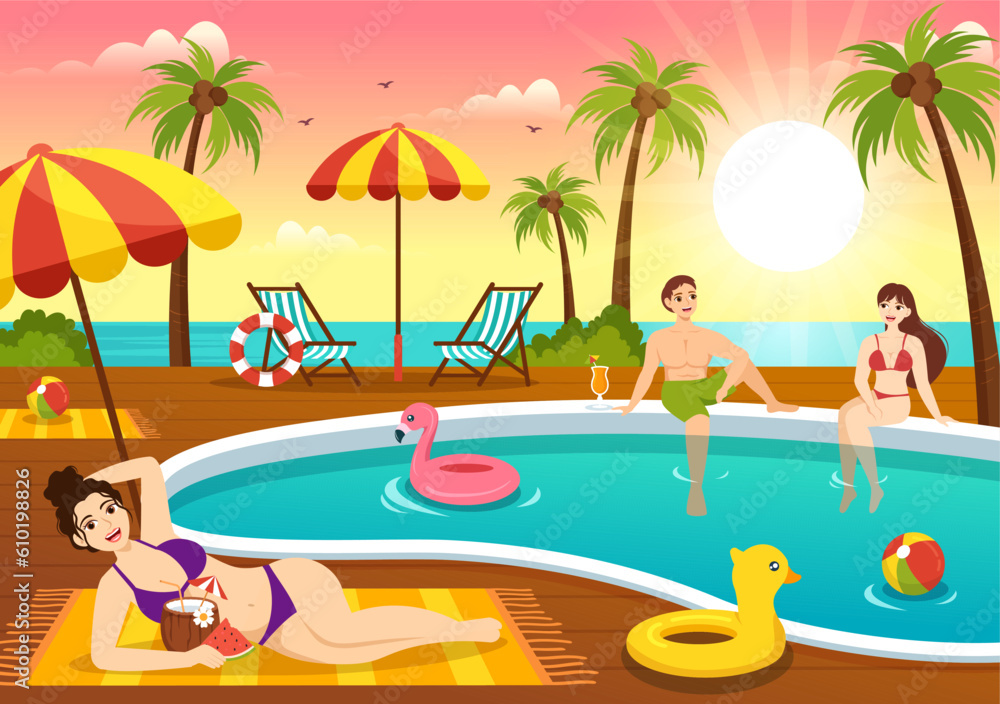 Swimming Pool Vector Illustration with Summer Vacation Landscape Concept and Swim Summer Activity in Flat Cartoon Hand Drawn Background Templates