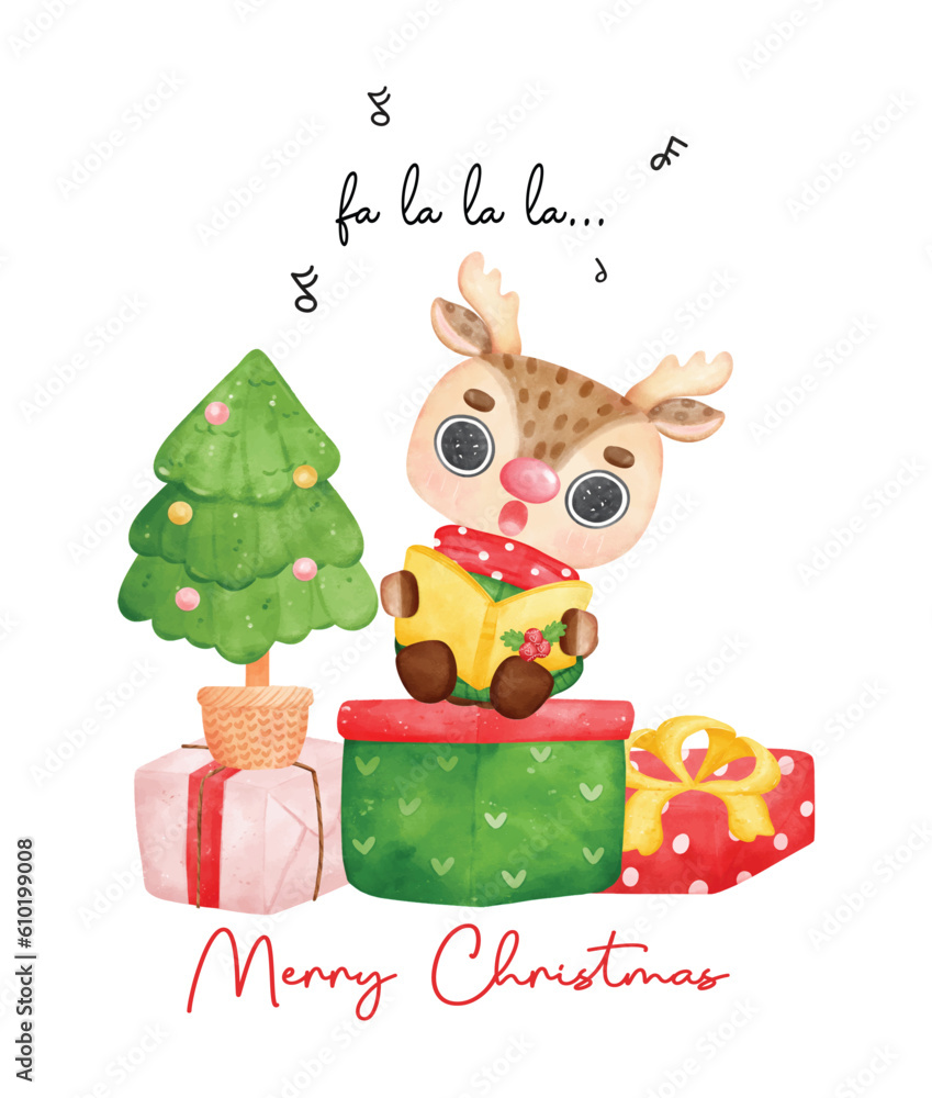 Naklejka premium Cute reindeer caroller, Christmas reindeer singing and holding a songbook, surrounded with presents, merry christmas time, cartoon animal character watercolour hand drawing vector illustration
