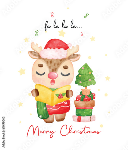 Cute reindeer caroller, Christmas reindeer singing and holding a songbook, with pine tree and stack of presents merry christmas time, cartoon animal character watercolou