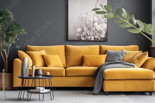 Modern Design with Honey Yellow Corner Sofa. Generative AI