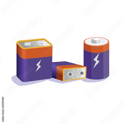 Vector 3D illustration Isometric Alkaline Battery, Accumulators. Alkaline cylinder, accumulator. Batteries isolated on white background	