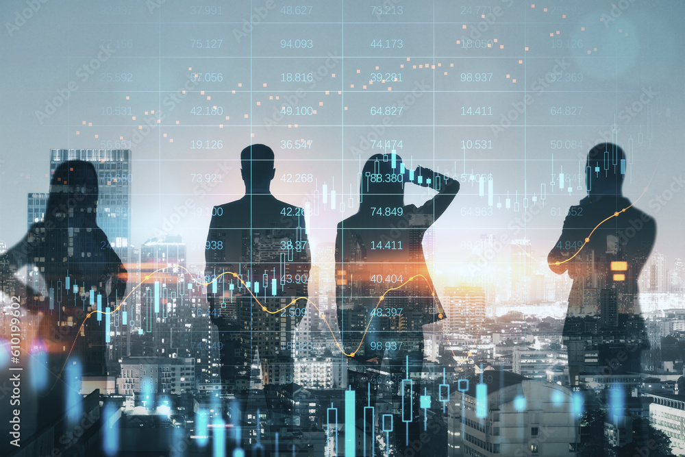 Fototapeta premium Abstract businesspeople silhouettes working together on dark city skyline backdrop with glowing forex chart index hologram. Teamwork, stock market, finance and colleagues concept. Double exposure.