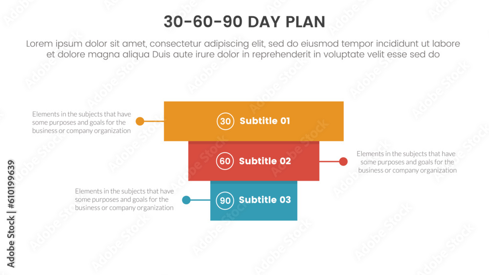 30-60-90 day plan management infographic 3 point stage template with rectangle pyramid backwards concept for slide presentation vector