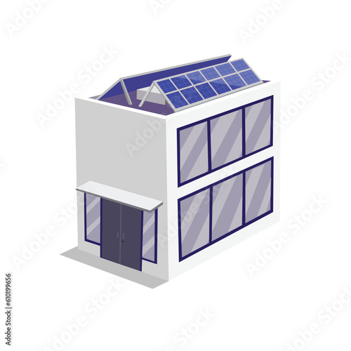 Work office with solar panels system. Buildings illustrations in isometric view in 3d cartoon style. Smart work office building with solar cell energy concept. Isolated on white background.