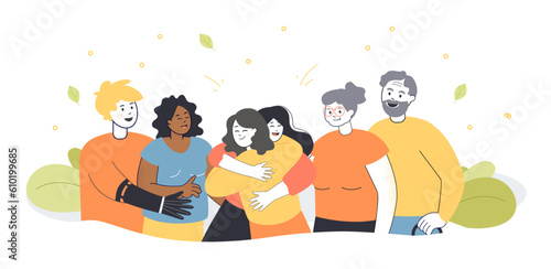 Portrait of family of diverse people hugging vector illustration. Young and elderly persons, man with prosthetic arm, African American girl. Family, diversity, happiness, inclusion, community concept
