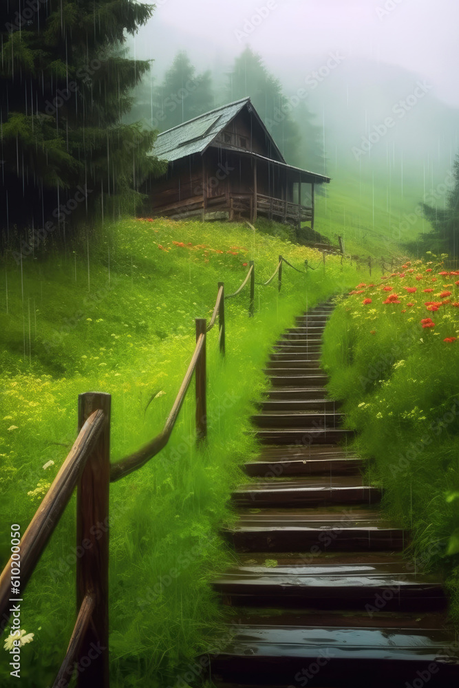 Wooden path on the ground leads to a wooden house. Generative AI Wooden path on the ground leads to a wooden house. Generative AI