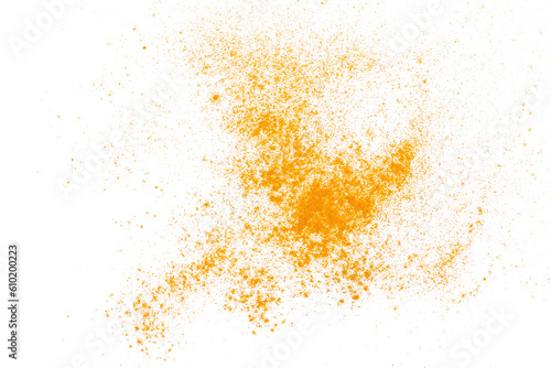 Turmeric scattered powder pile isolated on white, top view photo