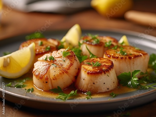 scallops seared to perfection on a plate with a lemon wedge and parsley garnish photo