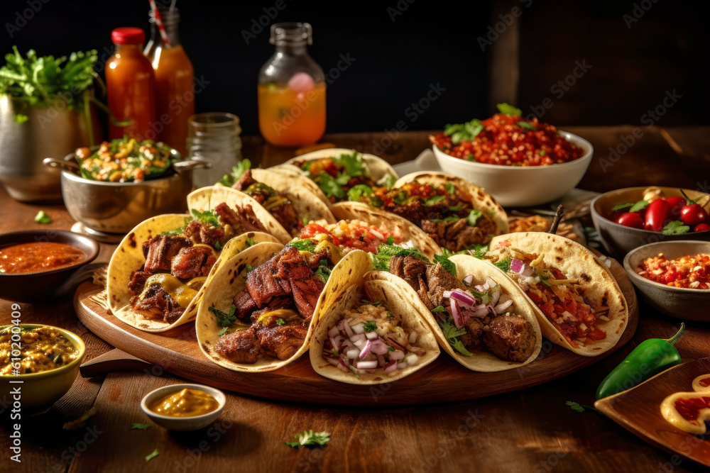 Numerous tacos on a wooden board on a table with sauce and other dressings. Generative AI