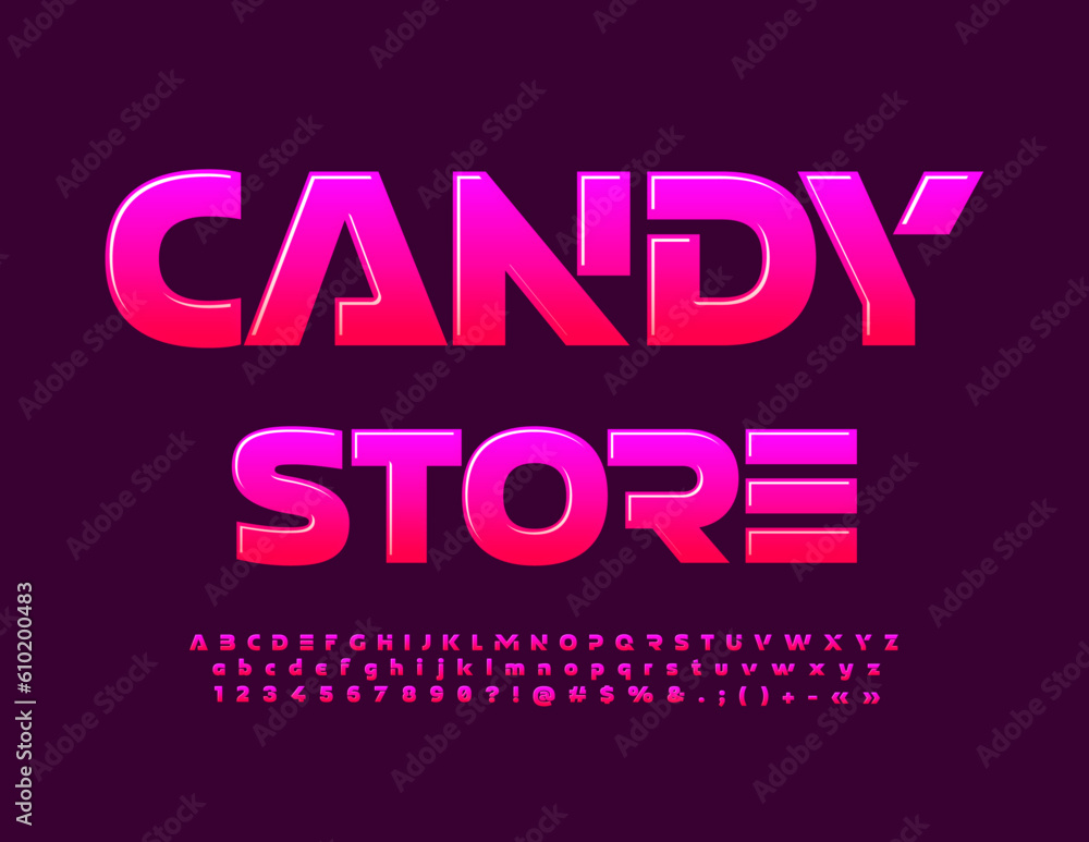 Vector glossy logo Candy Store. Creative Pink Font. Modern bright Alphabet Letters and Numbers
