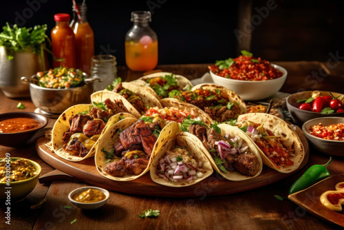 Numerous tacos on a wooden board on a table with sauce and other dressings. Generative AI