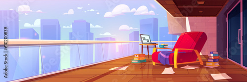 Open city terrace apartment interior with armchair. Balcony in building with skyscraper view with laptop on table for reading books urban scene illustration. Metropolis panorama with glass fence
