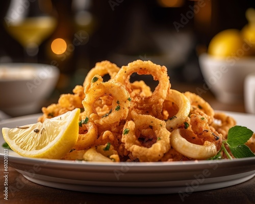 calamari dish with crispy golden rings and lemon wedges on a white plate