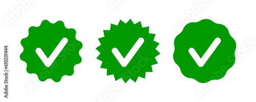 Check tick mark on wavy edge green circle sticker. Star burst shape tag with approved icon. Premium official account. Verify icon stamp. Vector illustration isolated on white background.
