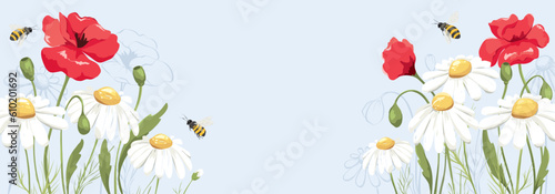 Summer banner with bouquet. Birthday, Wedding or Mothers Day illustration. Vector design element, poppies and chamomile, flower meadow.